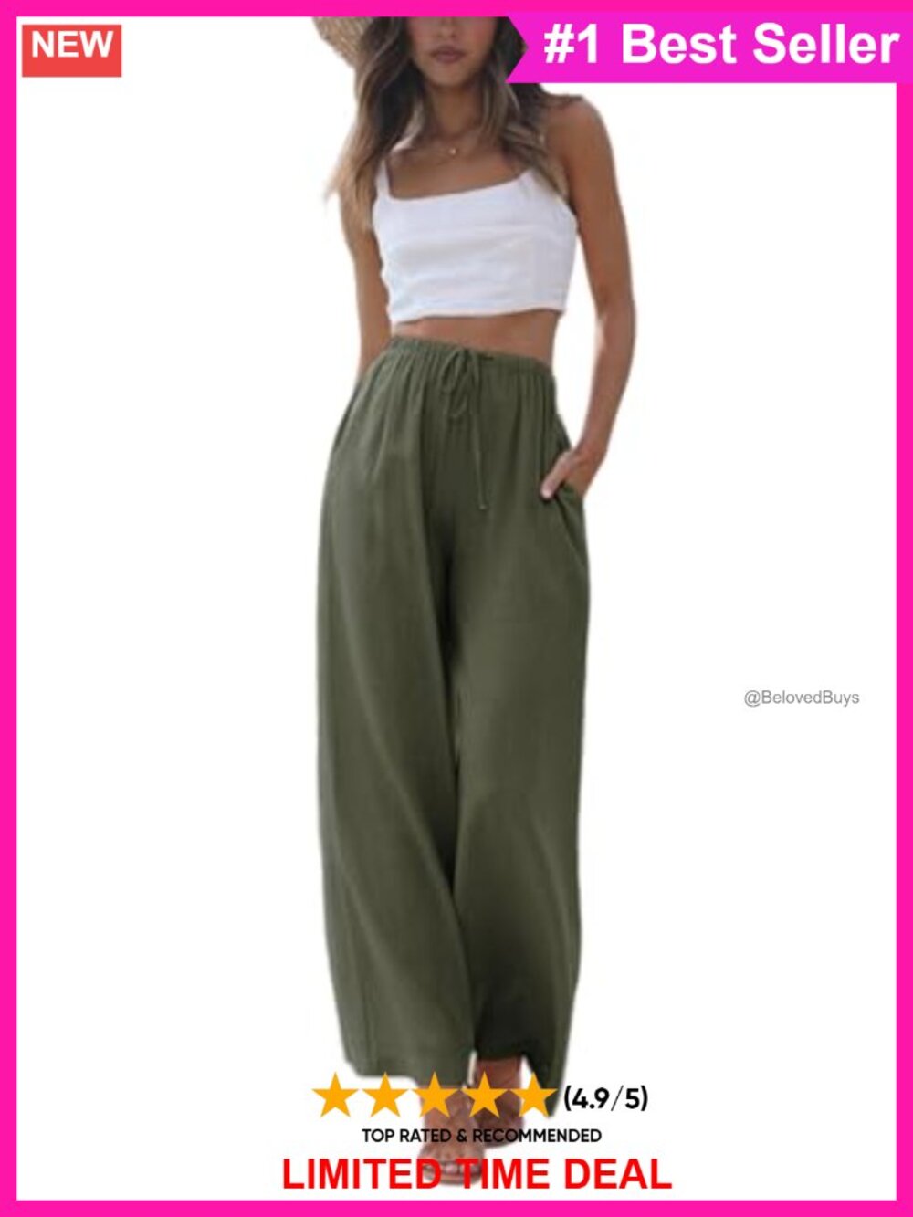 Cotton Linen Wide Leg Palazzo Pants Flowy Beach Trousers with Pockets